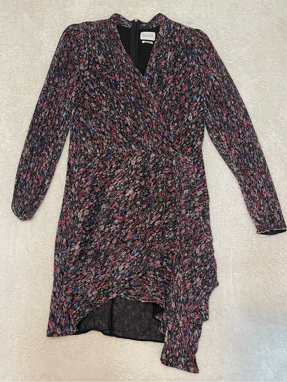 Saylor Bernadette draped faux wrap floral metallic‎ long sleeve cocktail dress L - Picture 15 of 15